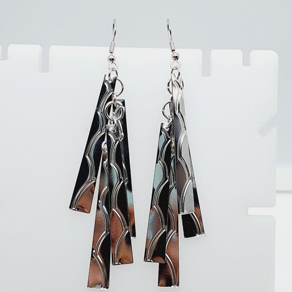 "Silver Textured Multi-Bar Dangle Earrings, AZFA1154 - Picture 1 of 11